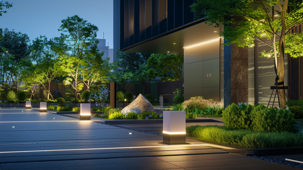 modern building with greenery lit up by sleek LED lighting