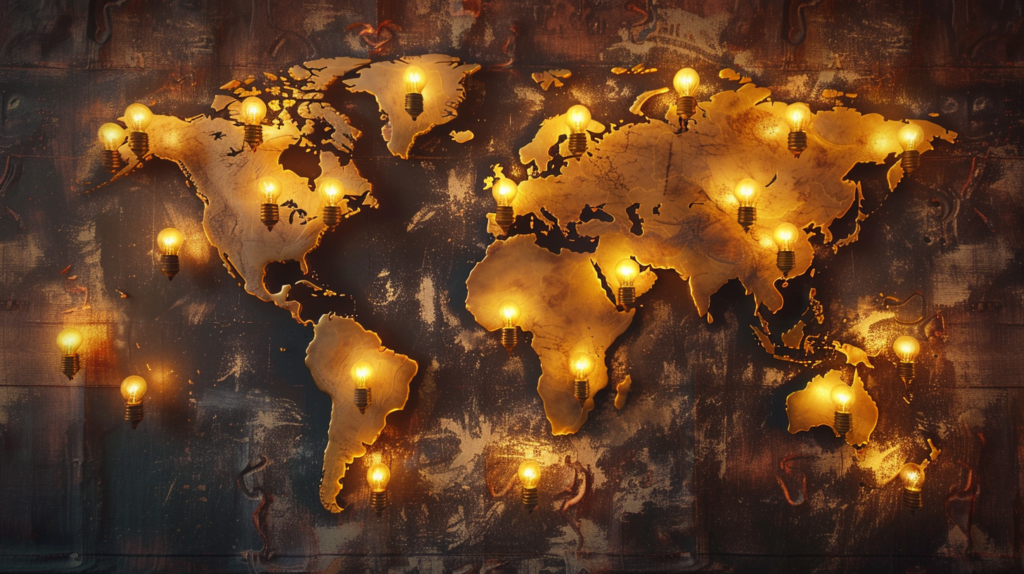 world map incorporating light bulbs