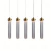 6 Modern gold and glass pendant lights in a row on white background