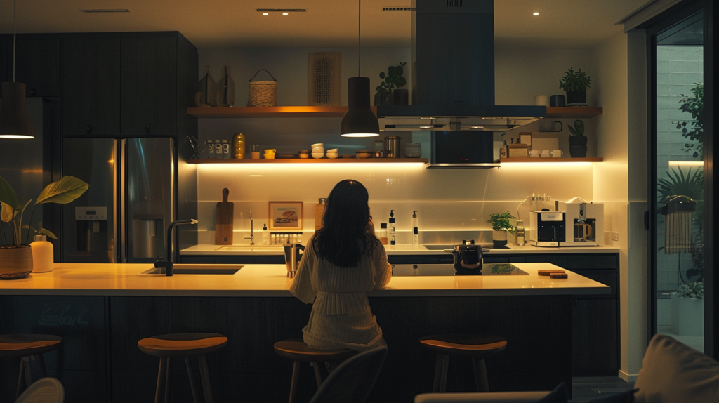  a modern kitchen where step dimming lights 