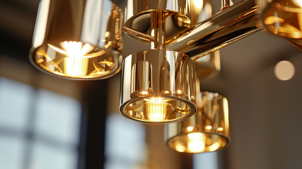 close up of light fixture with polished brass finish