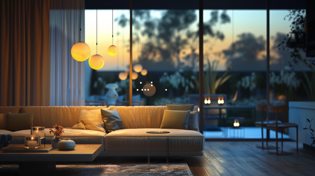 Illustration of a modern living room at dusk, showcasing a light fixture with step dimming capability