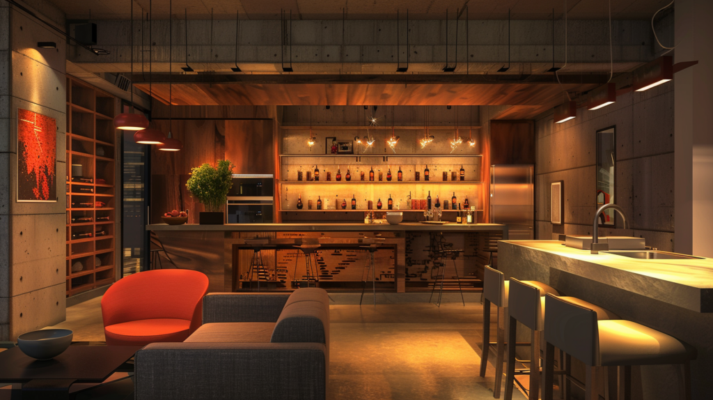 Modern home bar interior with wooden accents and warm lighting