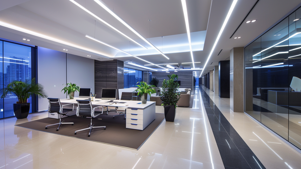 Modern corporate office interior with sleek furniture and LED lighting