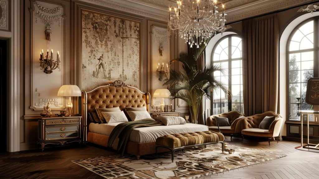 Luxurious vintage bedroom interior with elegant furniture and chandelier.