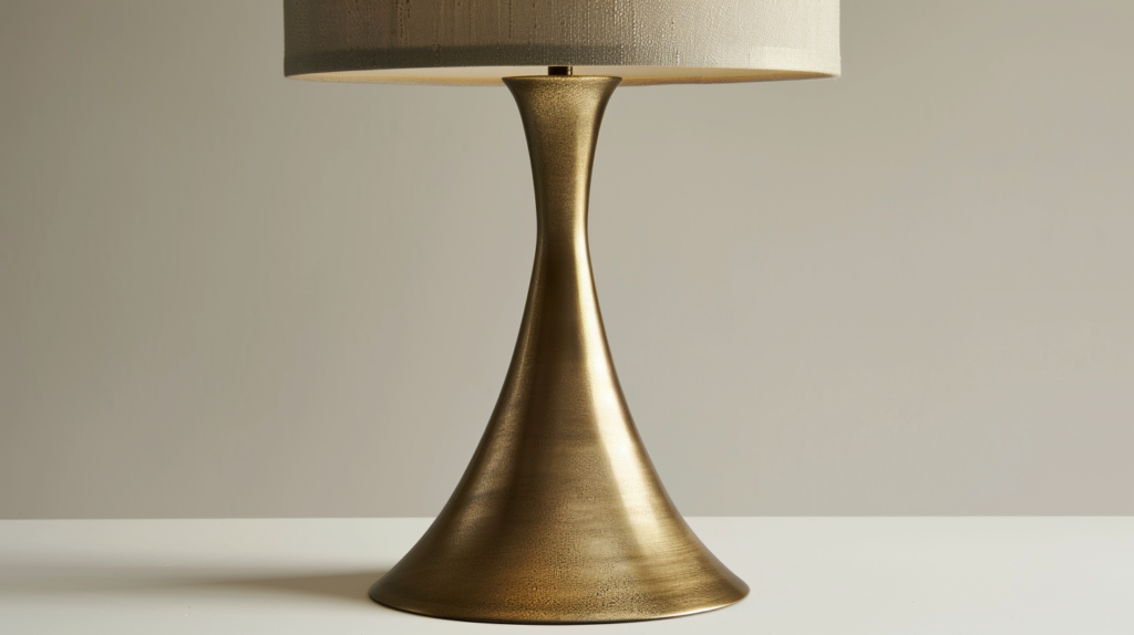 Elegant bronze table lamp with a beige shade on a white background.