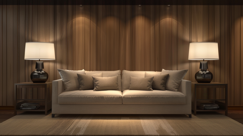 Cozy living room with beige sofa, table lamps, and hardwood wall.