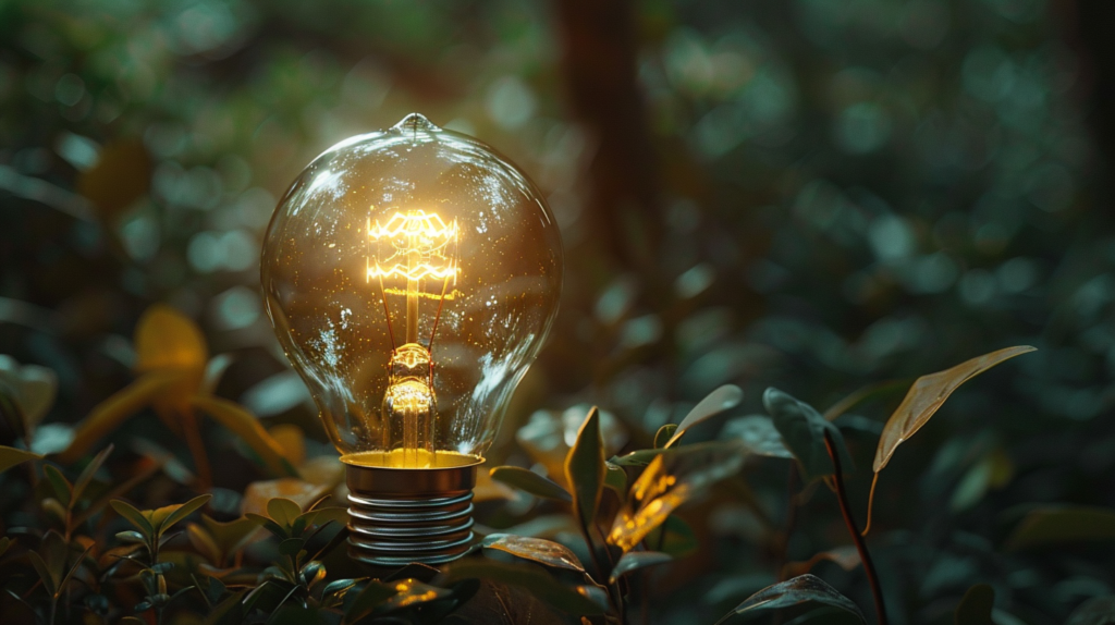Single illuminated light bulb symbolizing innovation, thought and energy saving ideas.