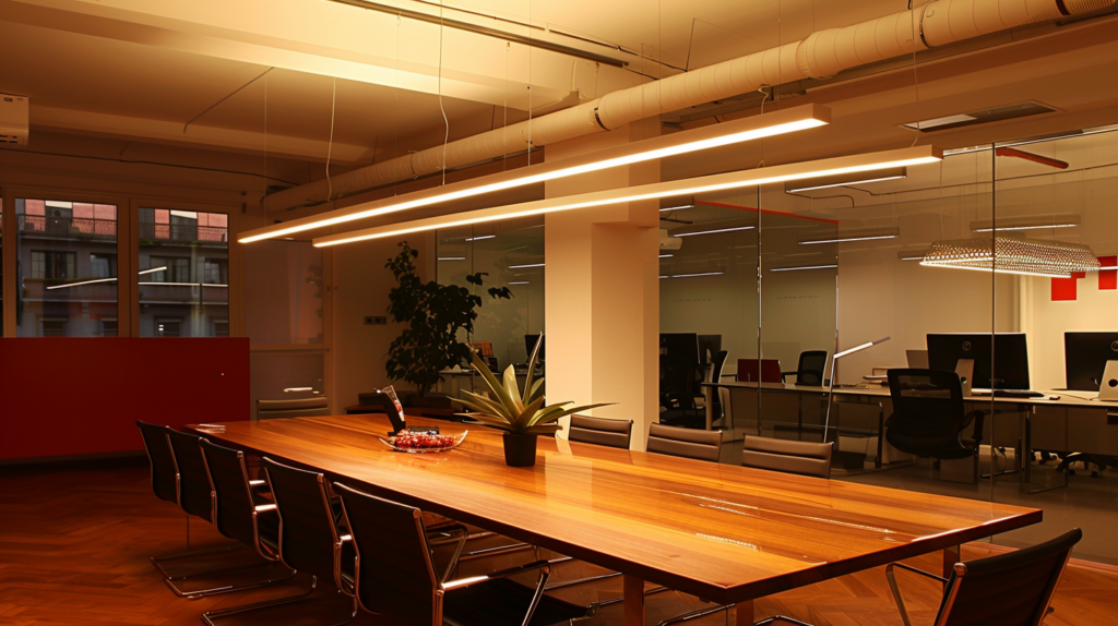 Modern office interior with a long wooden conference table and ambient lighting.