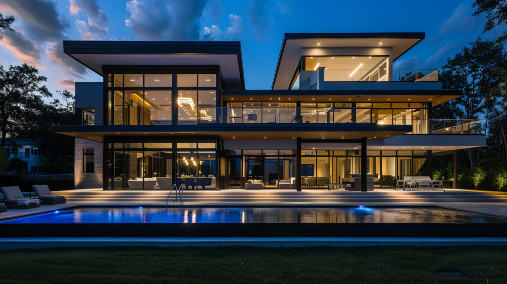 Luxury modern house with pool, illuminated at dusk.