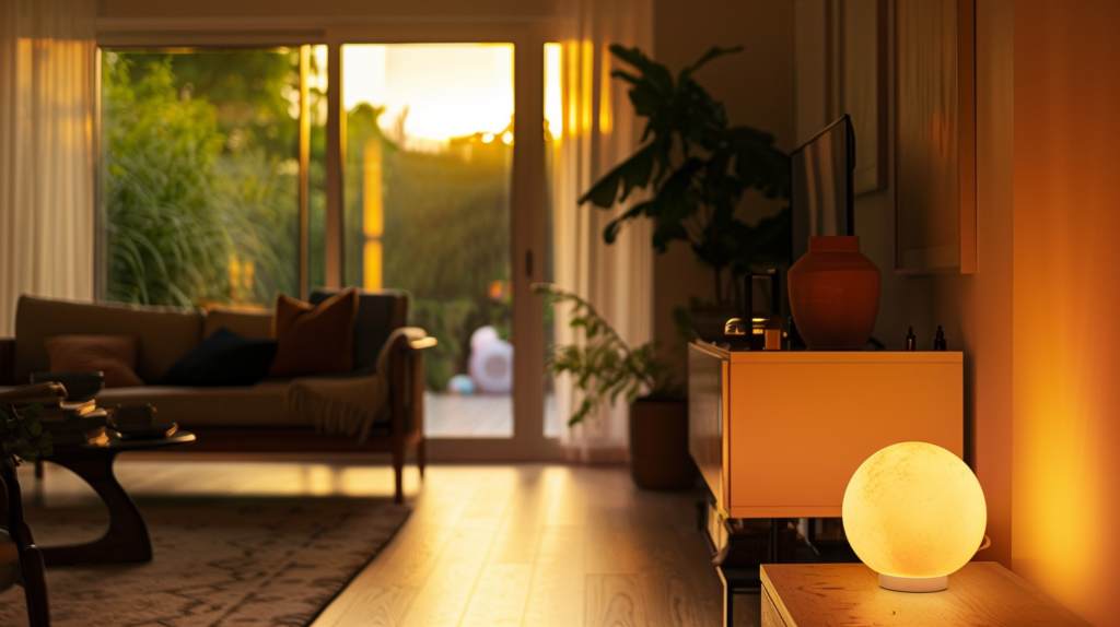 Warmly lit modern living room at sunset with open door and cozy decor.