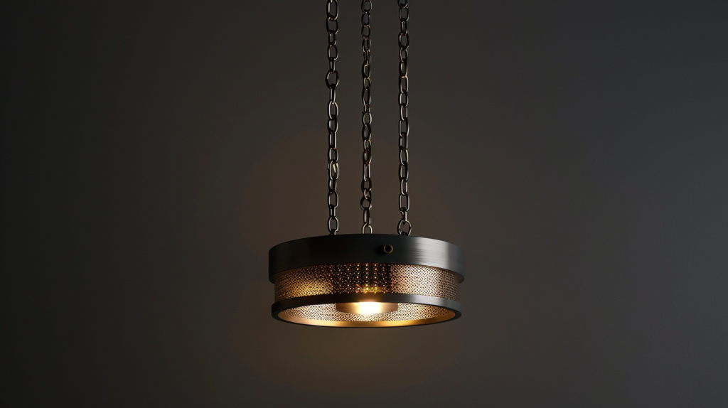 Elegant industrial pendant light with warm illumination against dark background.