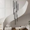 1 (Custom) Elegant minimalist living room with modern spiral staircase and chandelier.
