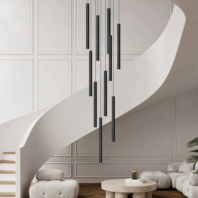 1 (Custom) Elegant minimalist living room with modern spiral staircase and chandelier.