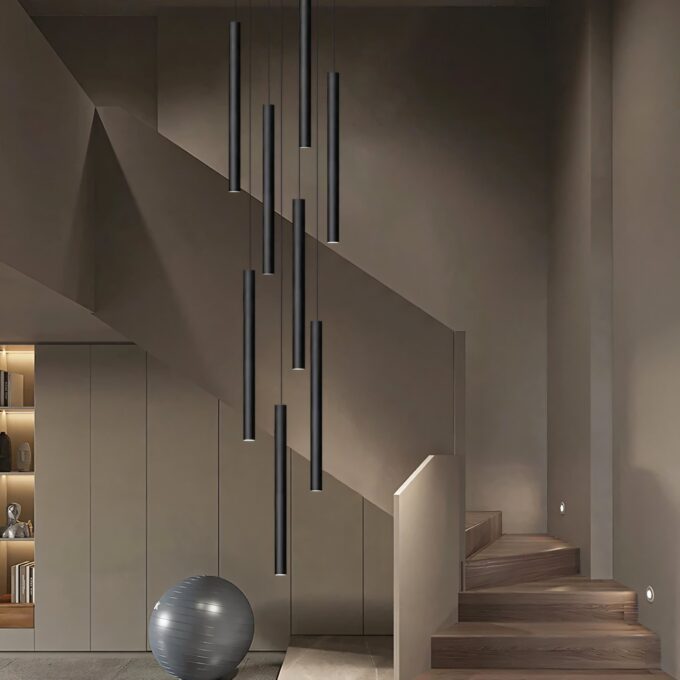 3 (Custom) Modern staircase with pendant lights and shadow play in a minimalist interior design.