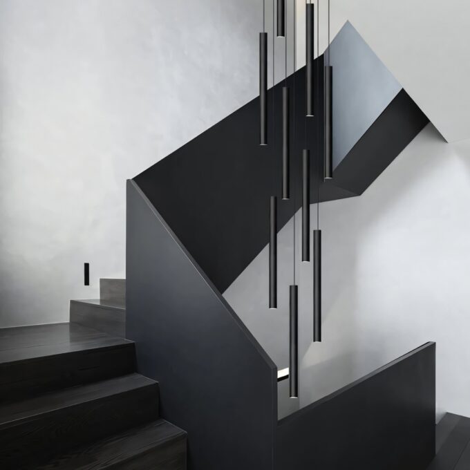 4 (Custom) Modern black staircase with sleek lines and pendant lights