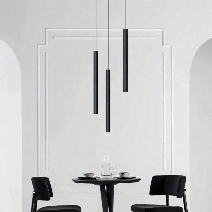 5 (Custom) Minimalist dining room with modern pendant lights and black table set.
