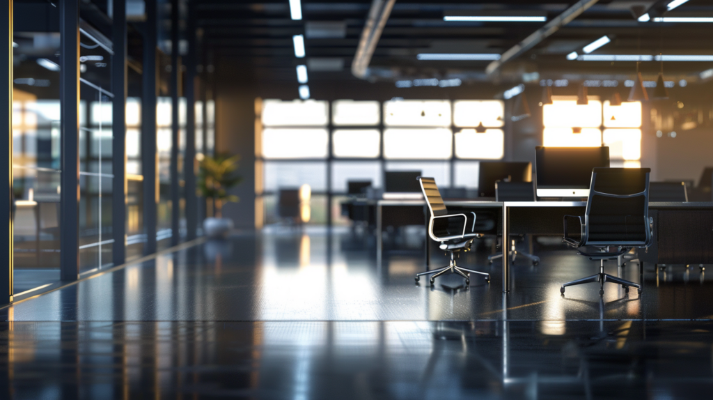 Modern corporate office space with sleek desks and chairs, large windows, and natural light.