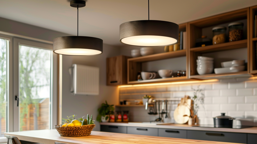 Modern kitchen interior with pendant lights and wooden countertop.