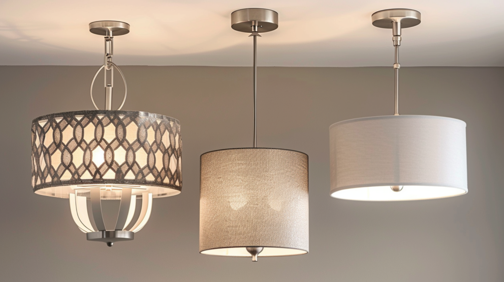 Three modern pendant lights with different shades hanging from a ceiling.