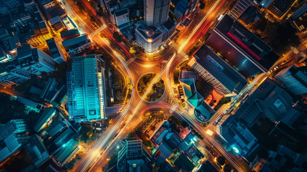 Aerial view of a bustling city intersection at night with vibrant streetlights and illuminated buildings.