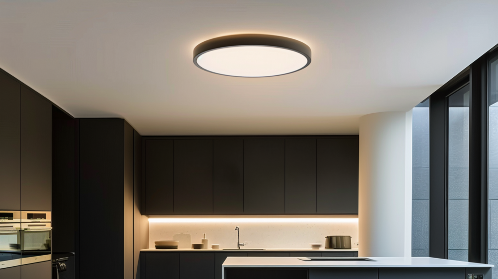 Modern kitchen interior with LED lighting and sleek design.