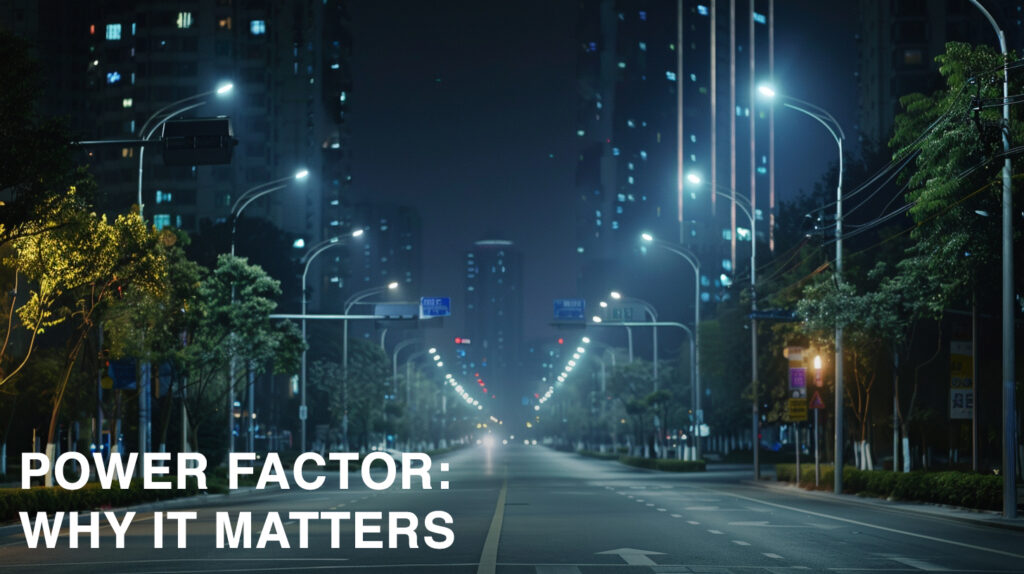 Urban night scene with streetlights and text Power Factor: Why It Matters highlighting energy efficiency importance.