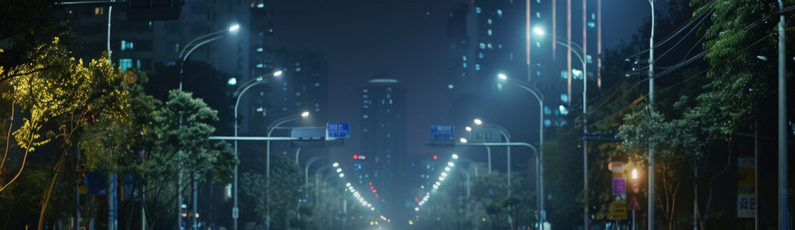Urban night scene with streetlights and text Power Factor: Why It Matters highlighting energy efficiency importance.