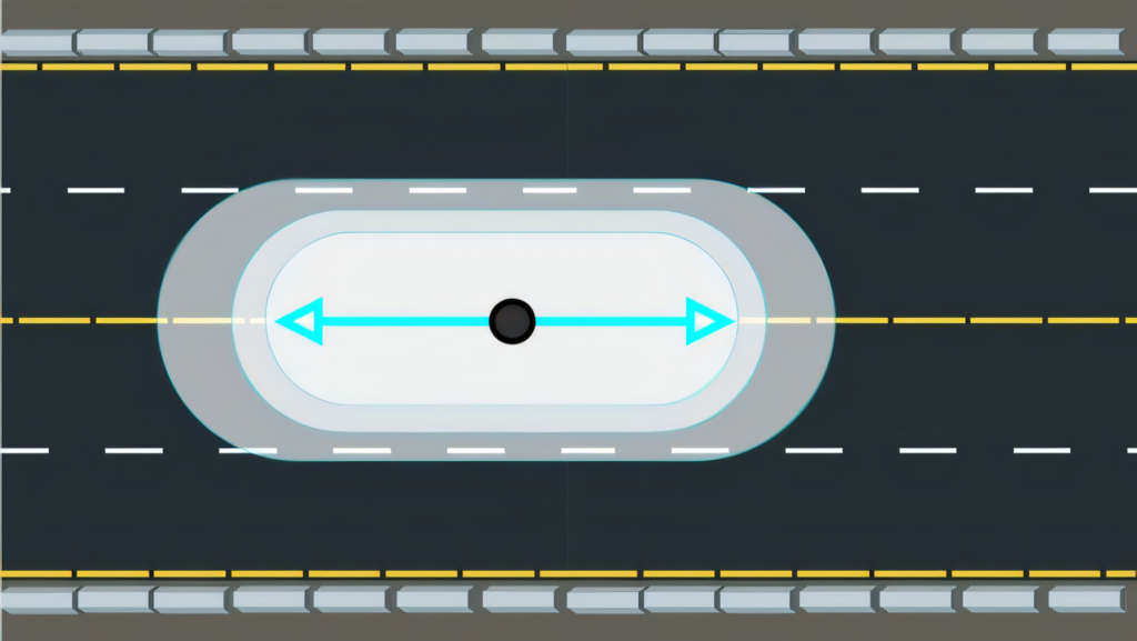 Top view of pedestrian crossing on a divided road with islands, blue neon arrows, road markings, and surrounding lanes.