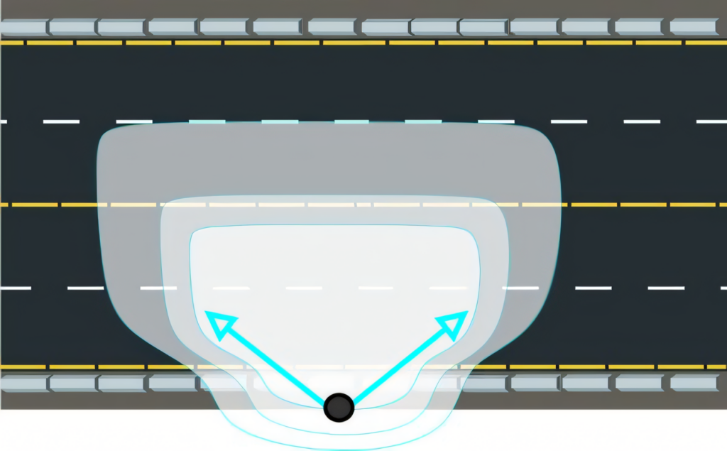 Top-down view of vehicle headlight coverage area showing different light intensities and directions on a multi-lane road at night.