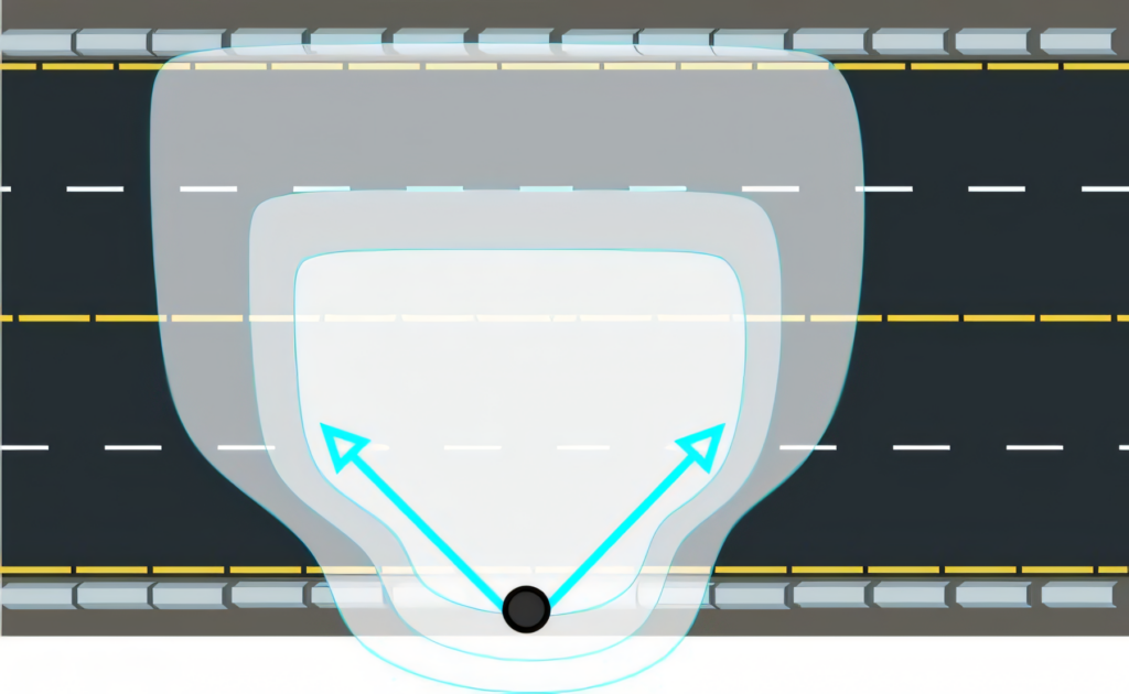 Top view of a road showing vehicle headlight illumination pattern with arrows indicating direction and spread of light.