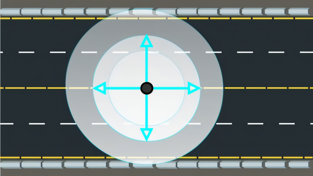 Graphic of intersection with directional arrows, illustrating traffic navigation on a multi-lane road with dashed lines.