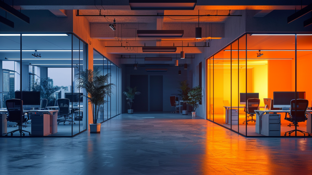 Modern office space with glass partitions glowing in blue and amber lighting, featuring workstations and indoor plants.