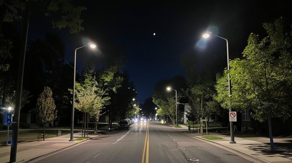 Empty street illuminated by tall streetlights and dotted with lush green trees at night, with a crescent moon overhead.