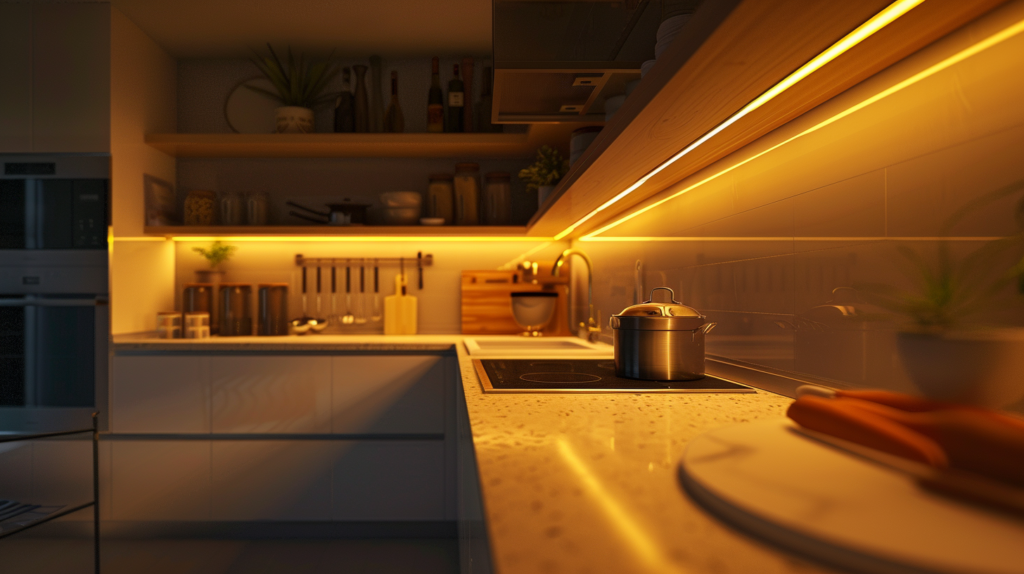 Modern kitchen interior with warm LED lighting and clean countertops.