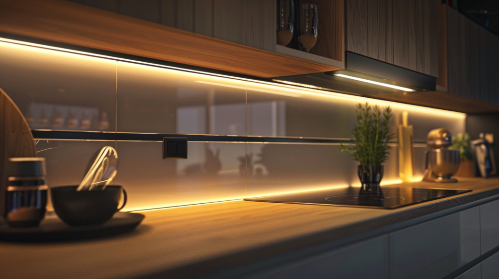 Modern kitchen interior with under-cabinet lighting and wooden finish
