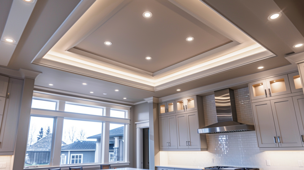 Close-up view of bright recessed lighting in a modern kitchen with stainless steel appliances