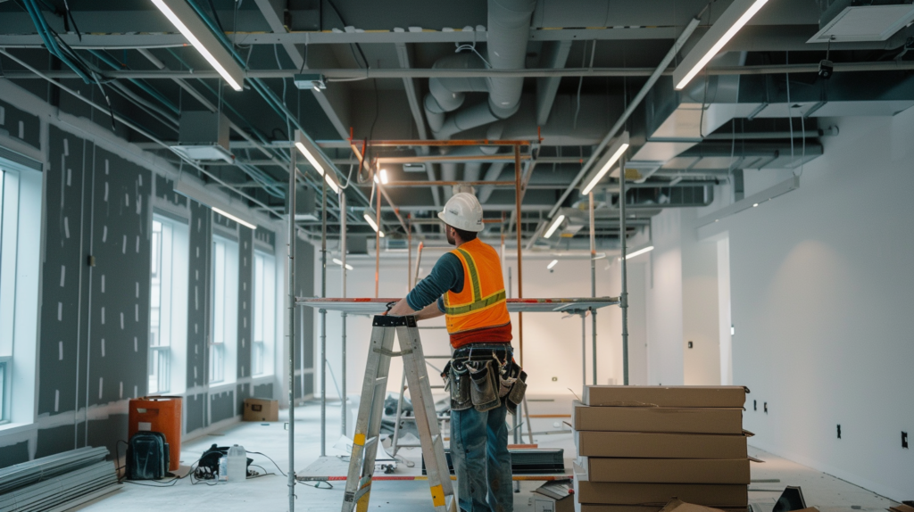 Construction worker on a ladder in a partially completed office space, working on ceiling wiring and lighting installation.