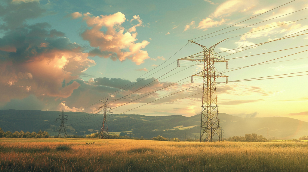 High-voltage power lines at sunset over a scenic countryside landscape with hills and clouds in the background.