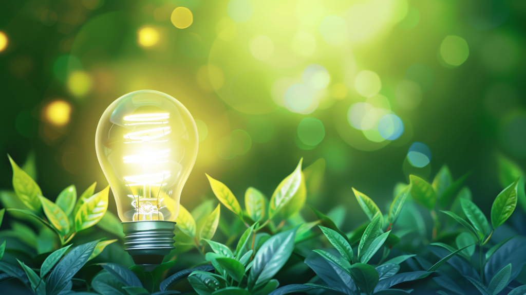 Eco-friendly energy concept with glowing light bulb among green leaves, signifying sustainability and renewable energy.