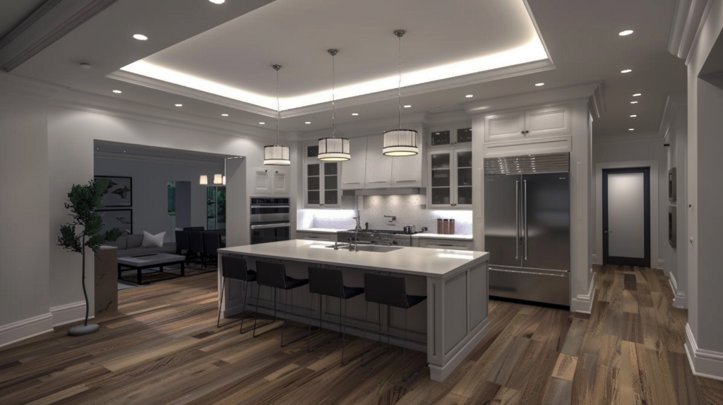 Modern kitchen interior with sleek countertops, stainless steel appliances, and recessed can lighting.