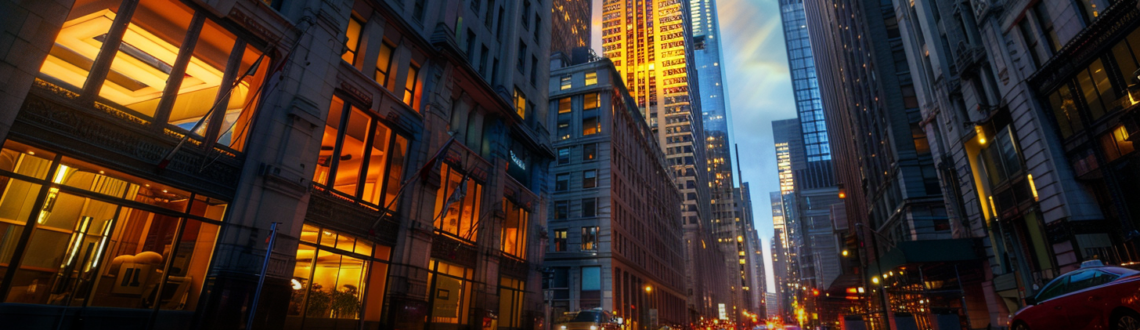 City street illuminated by varied light patterns and distribution at dusk, highlighting urban architecture. Text reads: Light Distribution Types & Patterns.