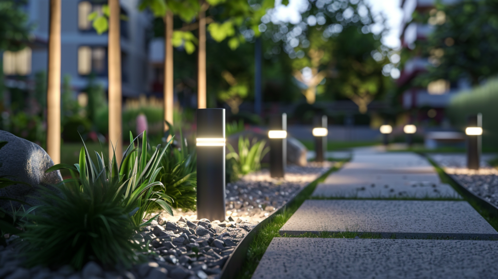 Modern garden pathway illuminated by stylish bollard lights at night, surrounded by greenery and residential buildings.