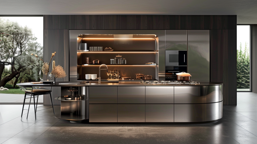 Modern curved kitchen design with stainless steel cabinets and ambient lighting
