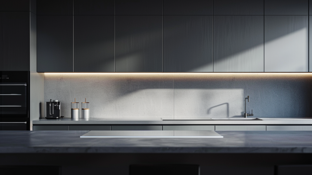 Modern kitchen interior with LED lighting and minimalist design.