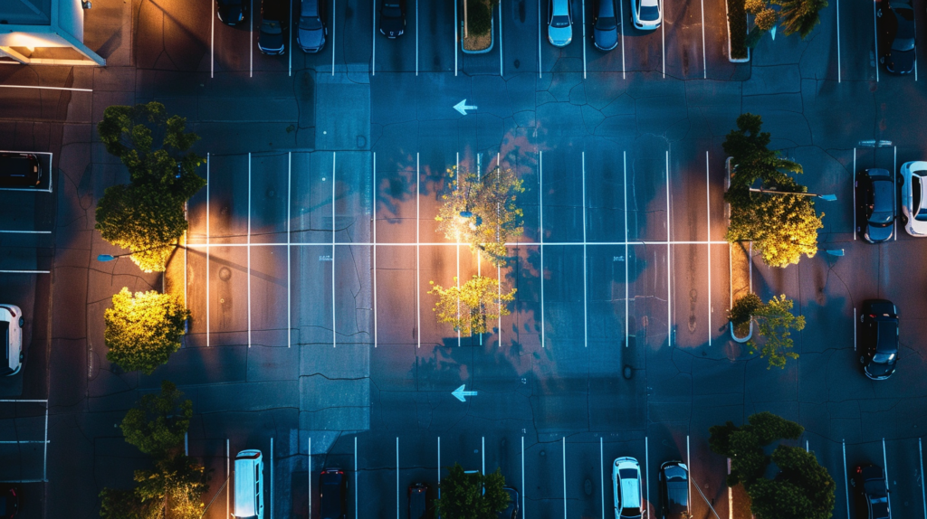 Aerial view of an empty parking lot at dusk, lit by streetlights, with parked cars and sparse trees.