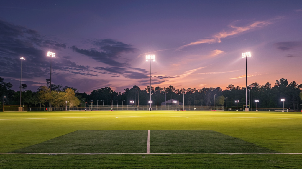 Empty sports field illuminated by floodlights at dusk with a vibrant sky and trees in the background.