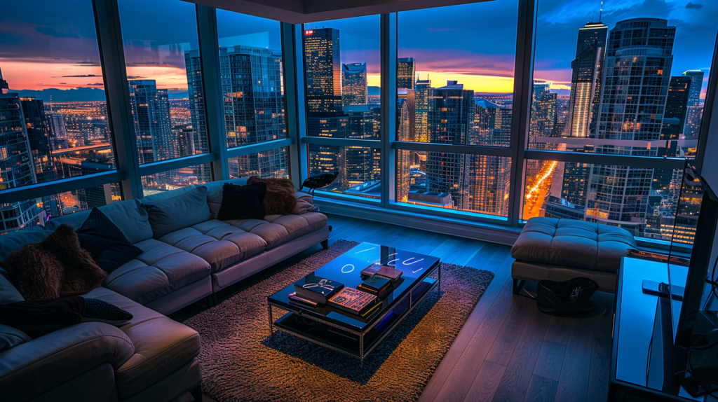 Cozy modern living room with cityscape view at sunset through large windows, featuring comfortable seating and a stylish coffee table.