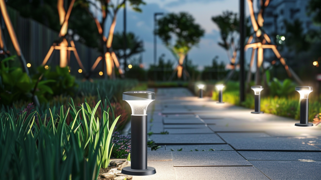 Modern garden pathway illuminated by sleek bollard lights with vibrant plants and trees in the evening.