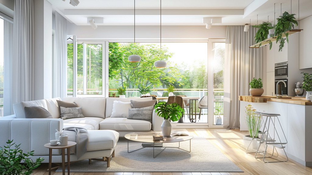 Modern living room and kitchen with large windows, lush green view, and cozy white furniture for a bright, airy feel.